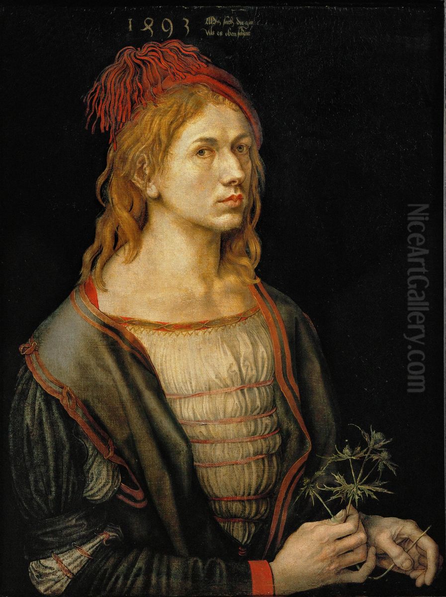 Portrait of the artist holding a thistle. Oil Painting by Albrecht Durer