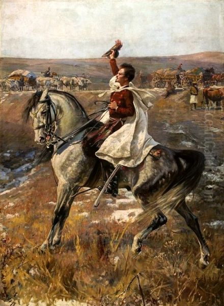 Portrait of Petofi on horseback with a line of carts in the background Oil Painting by Jan Styka