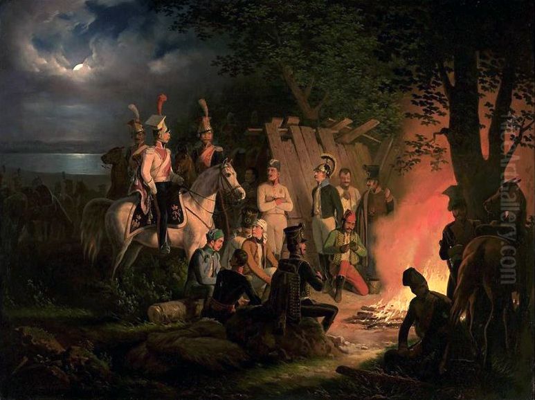 Bivouac de Uhlans polonais pres de Wagram. Oil Painting by January Suchodolski