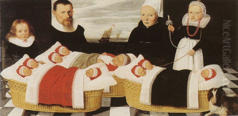 Family portrait with three cradles Oil Painting by unknown