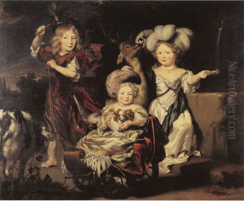 Three Children in a Landscape Oil Painting by Nicolaes Maes