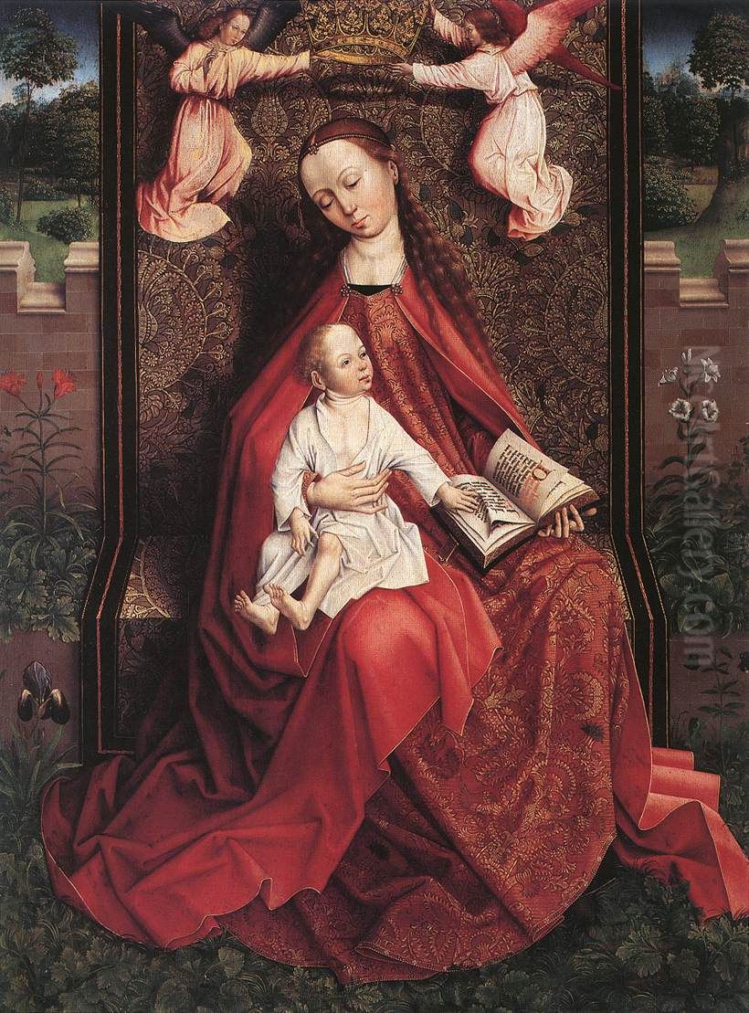 Virgin and Child and two angels Oil Painting by Master of the Embroidered Foliage