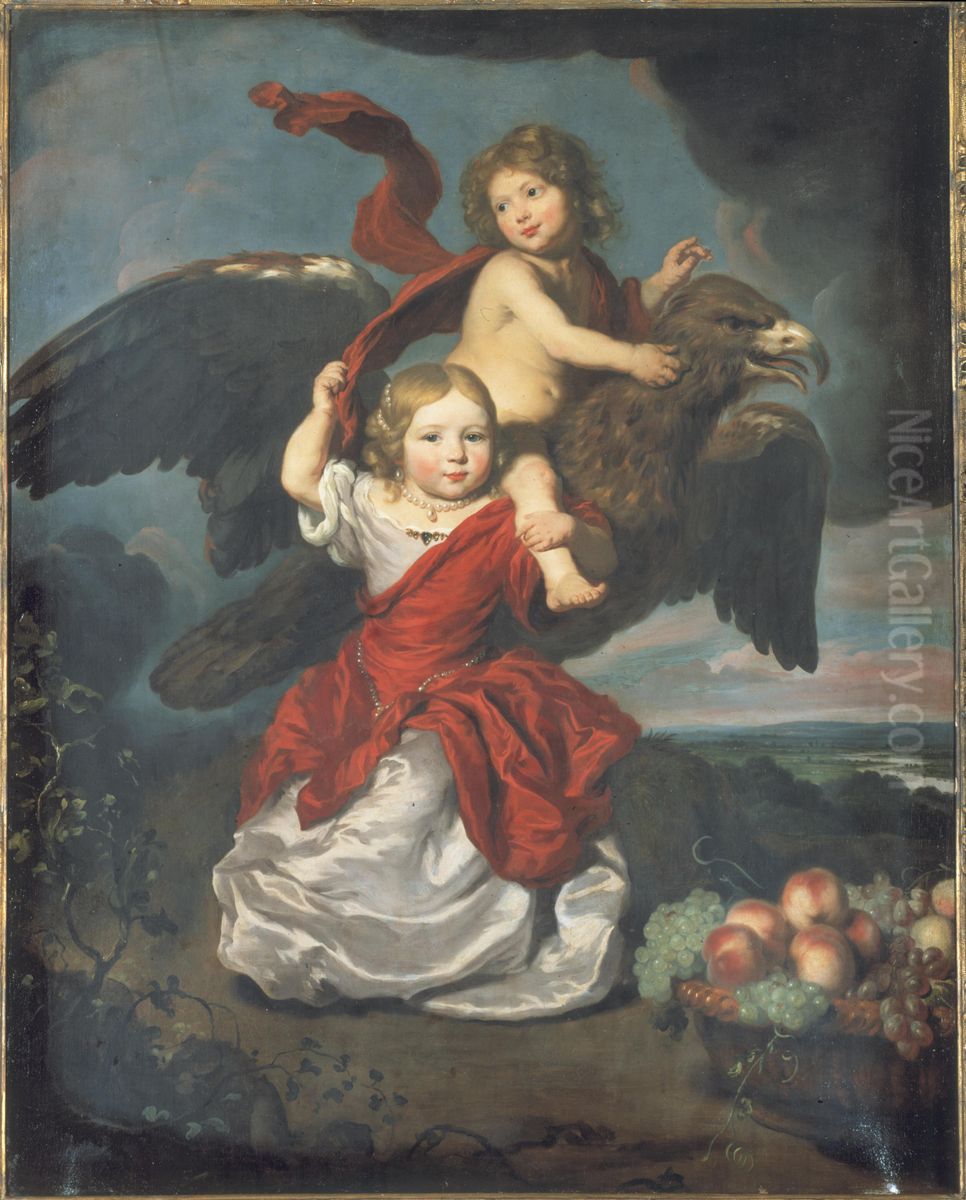 Double Portrait of a boy and a girl as Ganymede and Hebe in a landscape Oil Painting by Nicolaes Maes