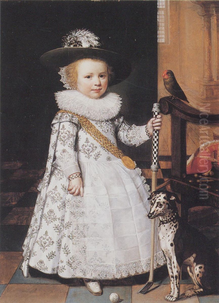 Portrait of a Boy with a Golf Club and a Dog Oil Painting by Jan Van Ravesteyn
