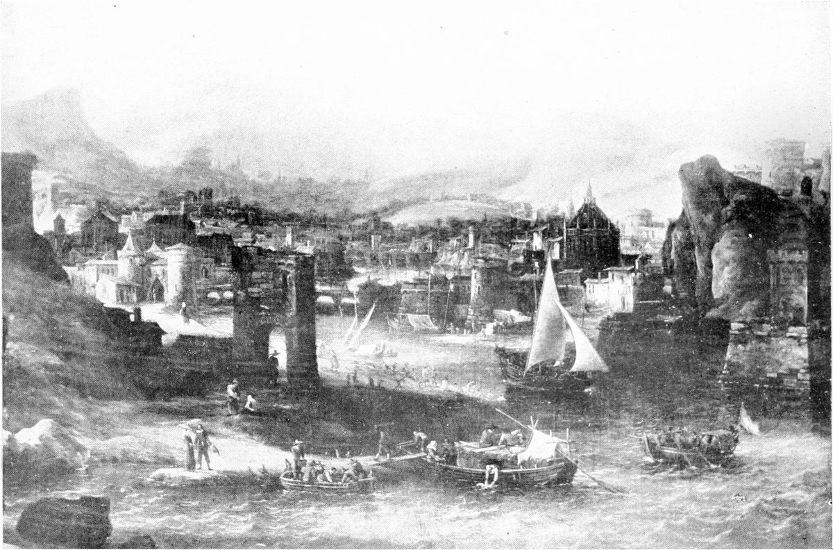 Gezicht op buitenlandse havenstad met verschillende vaartuigen; op de achtergrond een bergketen Oil Painting by Jan Abrahamsz Beerstraaten