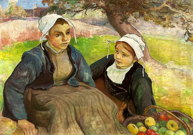 Two Breton women with a basket of apples Oil Painting by Wladyslaw Slewinski