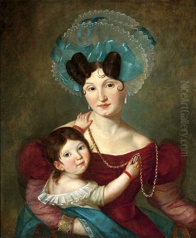 Portrait of Maria Anna Rawicz (1807-1887) with her son Jas (1832-1863) Oil Painting by Jan Damel