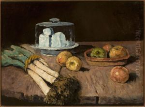 Stilleben mit Porreebundel, Kaseglocke und Apfeln