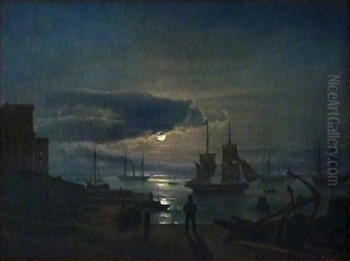 Copenhagen Harbour in Moonlight Oil Painting by Johan Wilhelm Ludwig Dahl