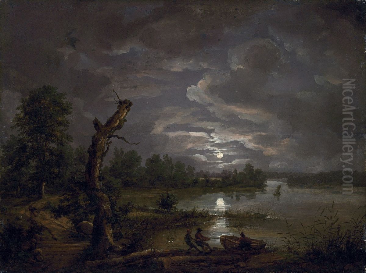 Lake Esrom by Moonlight Oil Painting by Johan Wilhelm Ludwig Dahl