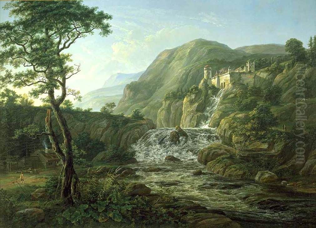 Mountain Landscape with a Castle Oil Painting by Johan Wilhelm Ludwig Dahl