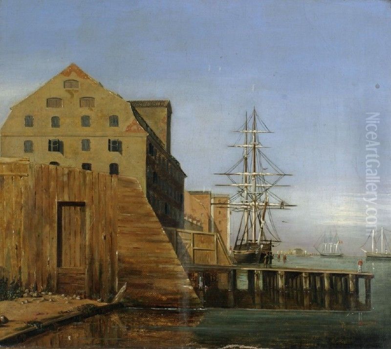 Havnepakhusene nord for Larsens Plads Oil Painting by Johan Wilhelm Ludwig Dahl
