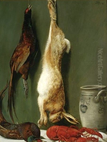 Still life with a hare, pheasants and a lobster. Oil Painting by Hans Thoma