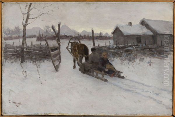 Farmyard with the sleigh Oil Painting by Tit Dvornikov