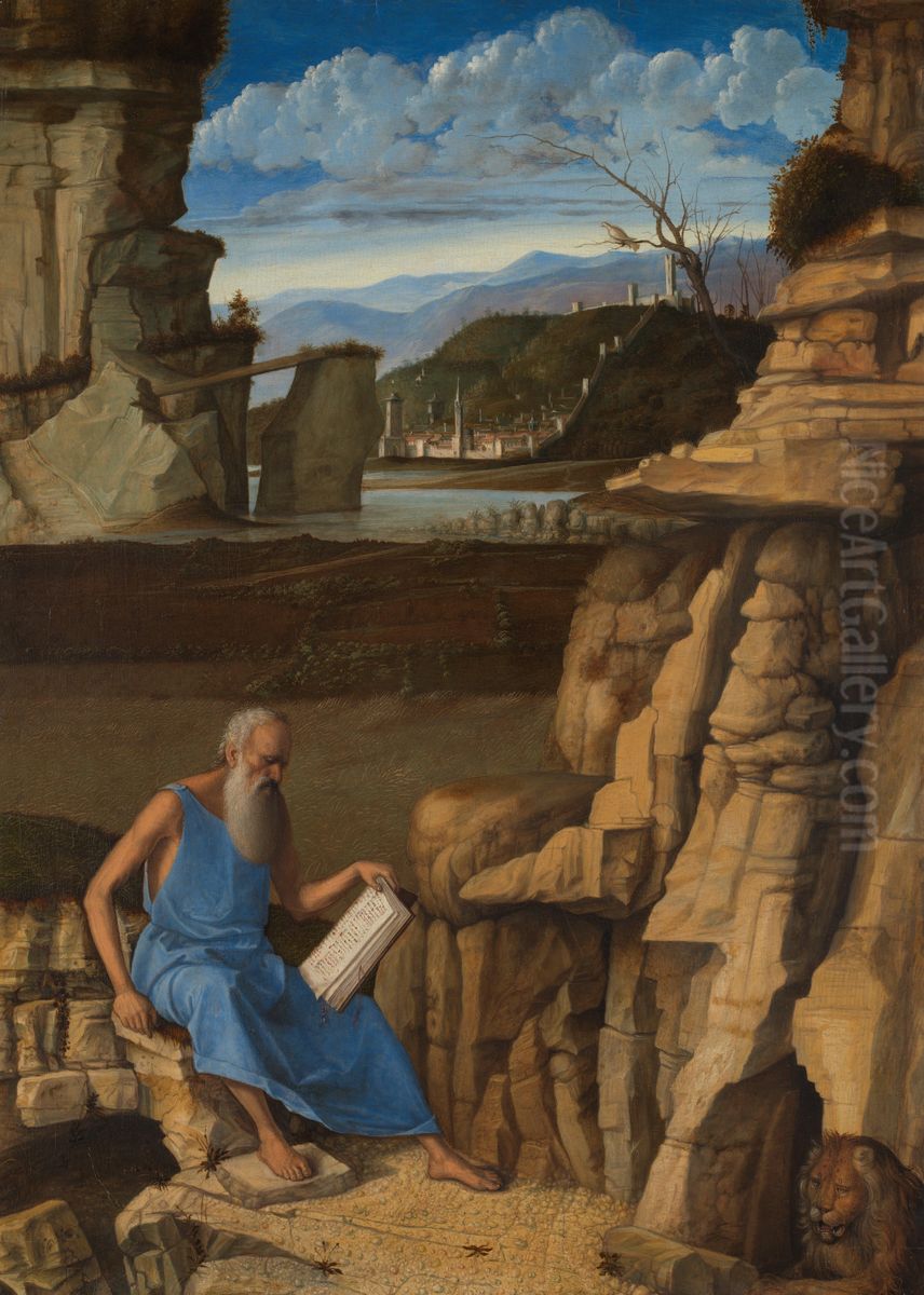Saint Jerome reading in a Landscape Oil Painting by Giovanni Bellini Saint Jerome reading in a Landscape Oil Painting by Giovanni Bellini