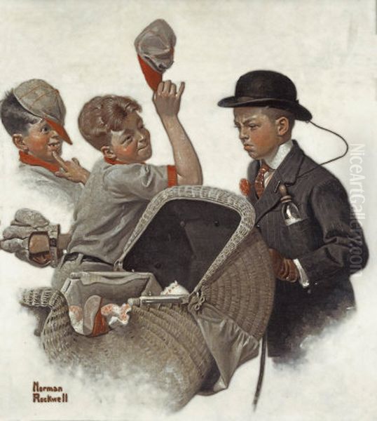 Boy with Baby Carriage Oil Painting by Norman Rockwell