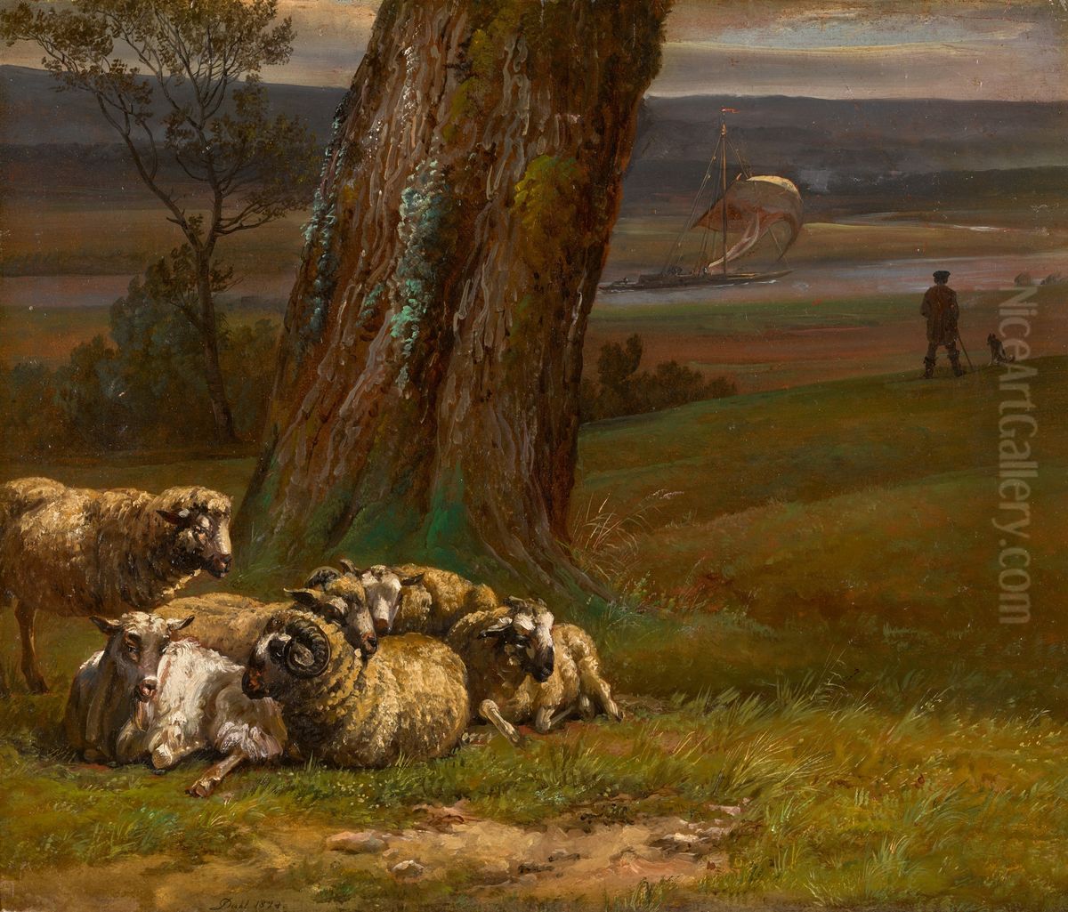 Sheep on a Riverbank Oil Painting by Johan Wilhelm Ludwig Dahl
