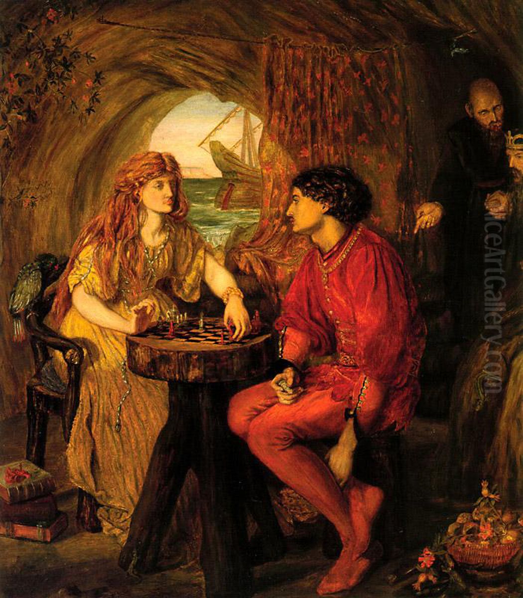 Ferdinand i Miranda igraut v sahmaty Oil Painting by Lucy Madox Brown