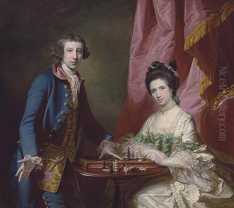 Portrait of William Earle Welby, of Denton, Lincolnshire and his first wife, Penelope, playing chess, before a draped curtain Oil Painting by Francis Cotes