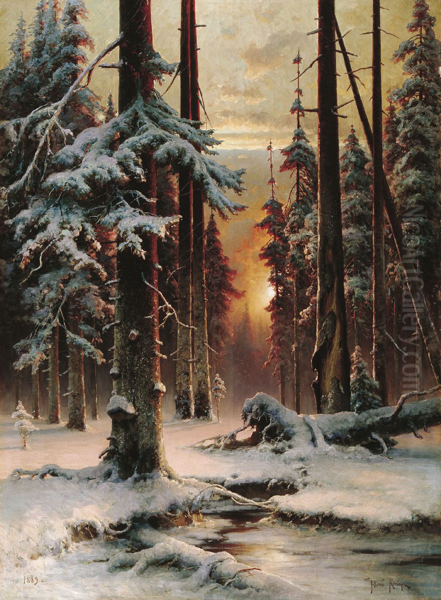 Winter Sunset in a Spruce Forest Oil Painting by Julius Sergius von Klever