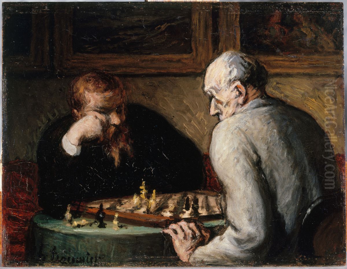 Joueurs d'echecs Oil Painting by Honore Daumier