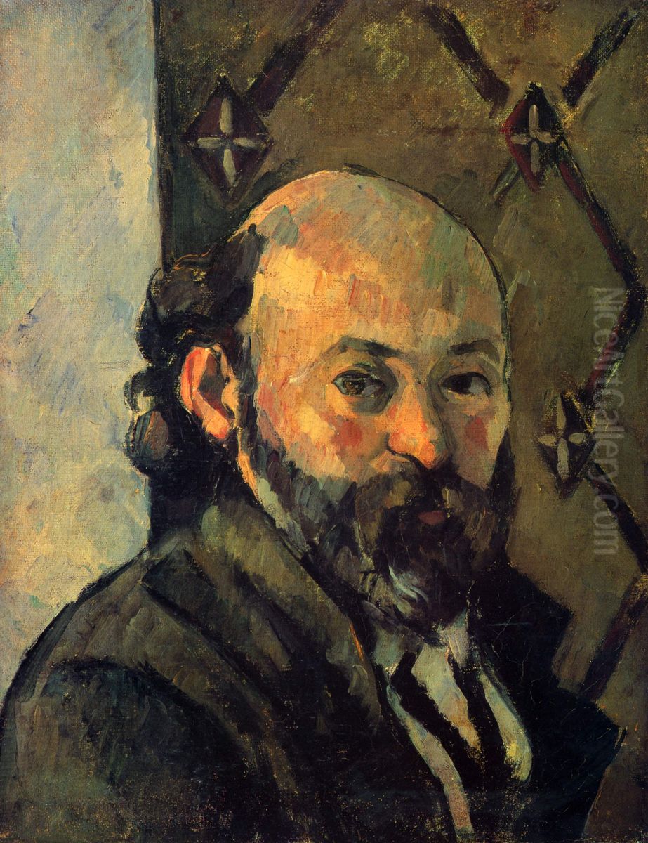 Selbstportrat vor olivfarbener Tapete Oil Painting by Paul Cezanne