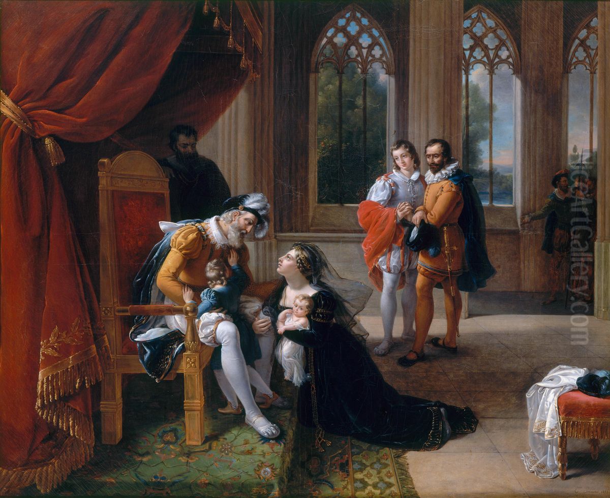 Ines de Castro se jetant avec ses enfants aux pieds d'Alphonse IV roi de Portugal, pour obtenir la grace de don Pedro, son mari. 1335 Oil Painting by Eugenie Servieres