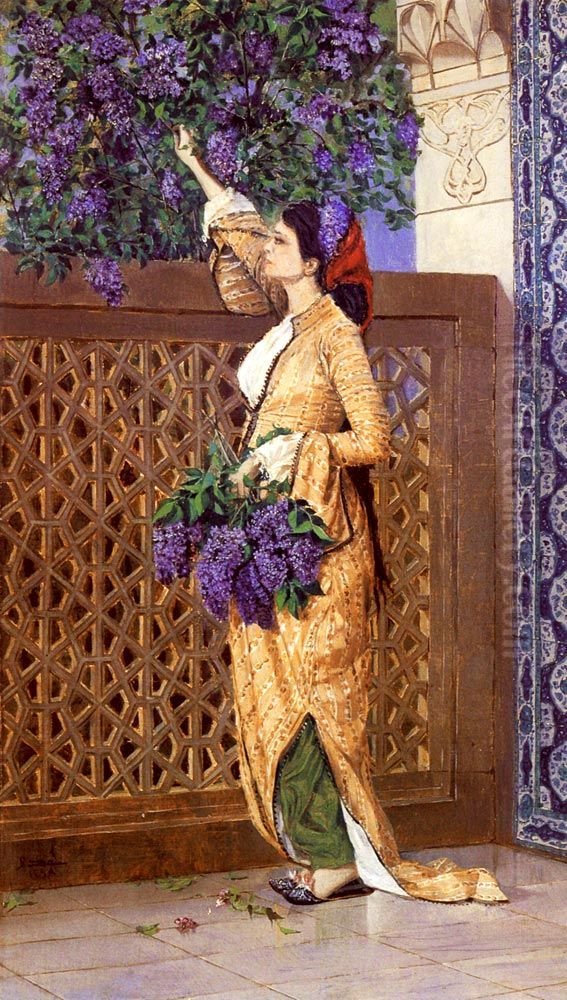 Lilac Collecting Girl Oil Painting by Osman Hamdi Bey