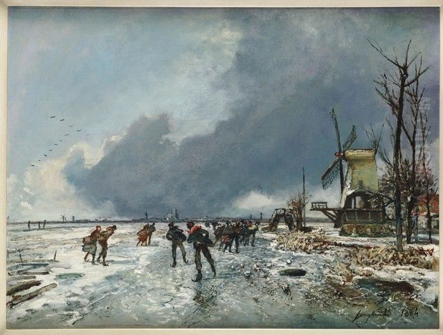 Winter landscape with Skaters Oil Painting by Johan Jongkind