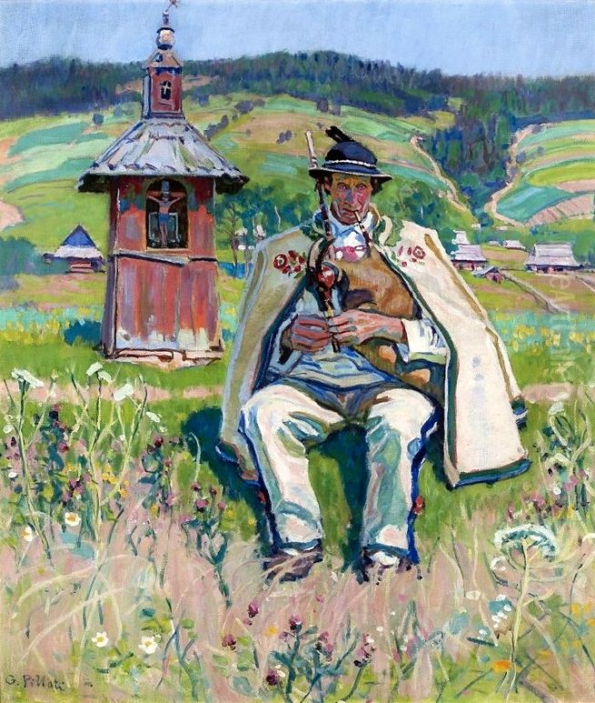 Highlander with a bandura against landscape Oil Painting by Gustaw Pillati