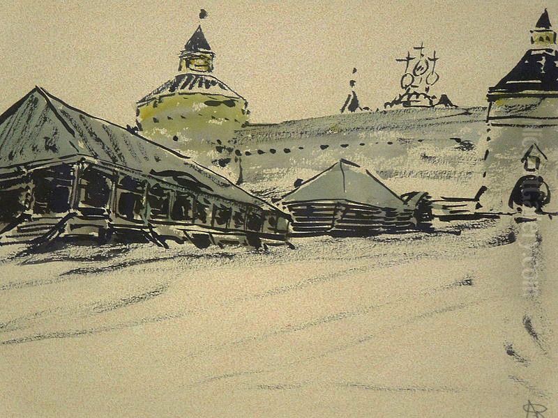 Drewniany dom z podcieniami pod murami obronnymi Oil Painting by Stanislaw Noakowski