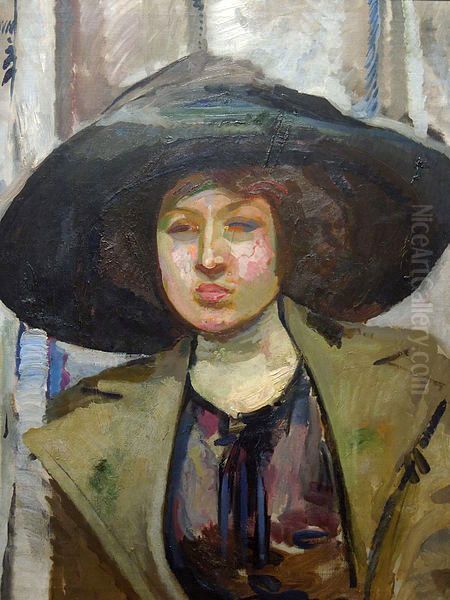 Portrait of Kazimiera Felix (Portrait in a wingy hat) Oil Painting by Gustaw Gwozdecki