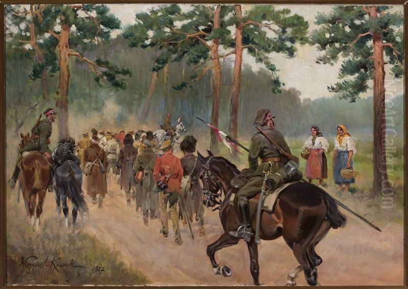 Ulani eksportujacy jencow na lesnej drodze Oil Painting by Wojciech Kossak