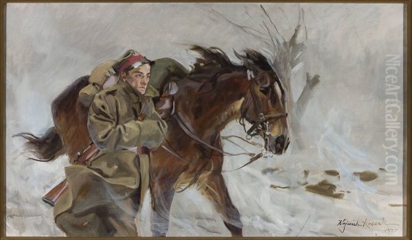 Zolnierz z koniem Oil Painting by Wojciech Kossak
