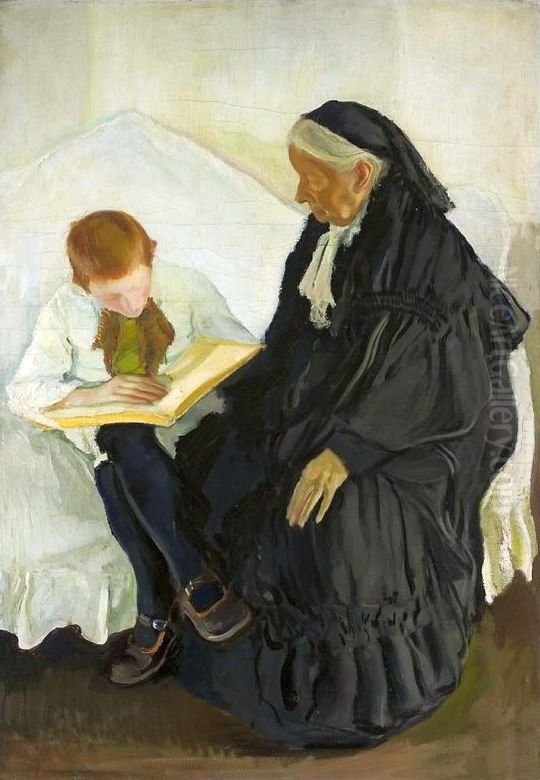 Grandmother with her grandson Oil Painting by Konrad Krzyzanowski