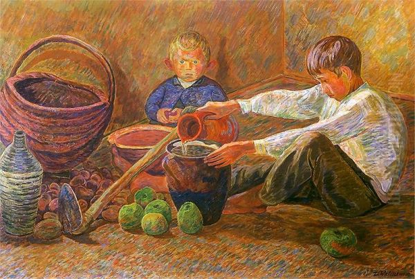 Boys pouring water Oil Painting by Zygmunt Waliszewski