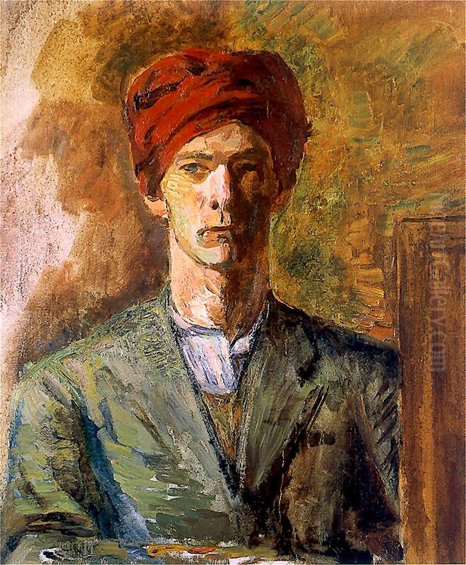 Self-portrait in red turban. Oil Painting by Zygmunt Waliszewski