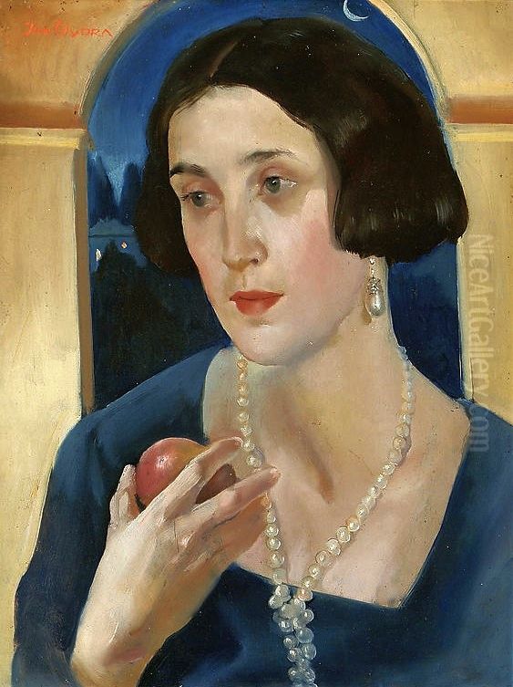 Portrait of a woman with an apple Oil Painting by Jan Wydra