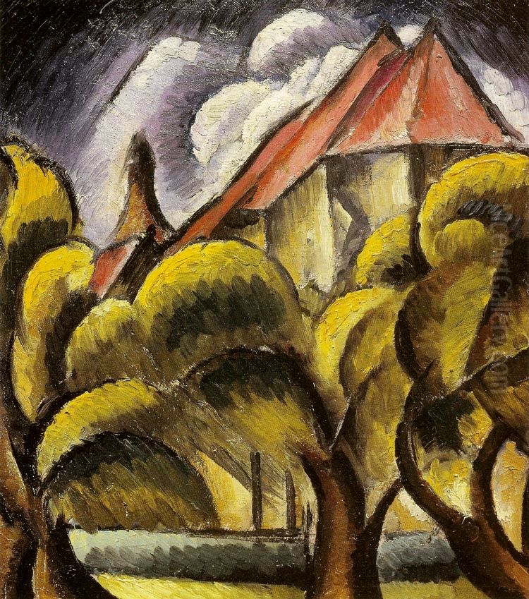 Landscape with a church Oil Painting by Waclaw Wasowicz