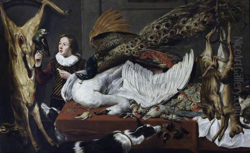 Hung Game with a Swan and a Peacock on a Table and a Page Holding a Parrot Oil Painting by Frans Snyders