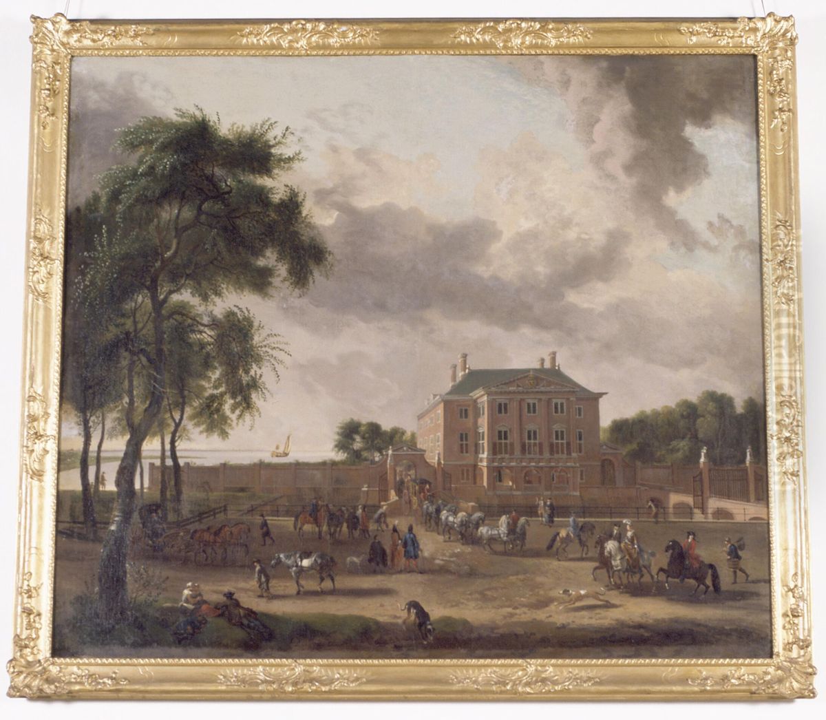 Het bezoek van Amalia van Solms aan Huis Zwanenburg in Halfweg, 1648, vormalige titelHet huis Zwanenburg te Halfweg Oil Painting by Dirk Maas