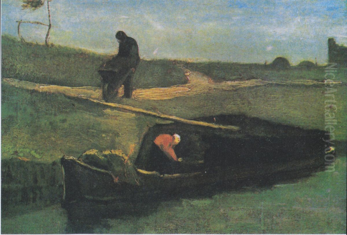 Peat-boat with two figures Oil Painting by Vincent Van Gogh