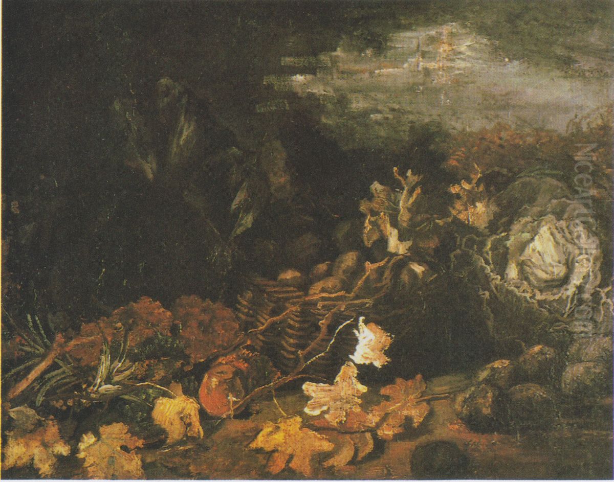 Still Life with cabbages, potato basket and leaves Oil Painting by Vincent Van Gogh