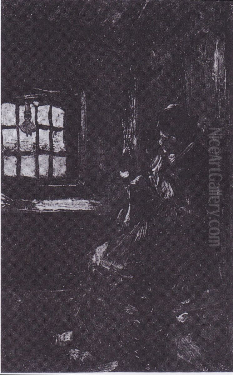 Peasant woman darning socks Oil Painting by Vincent Van Gogh