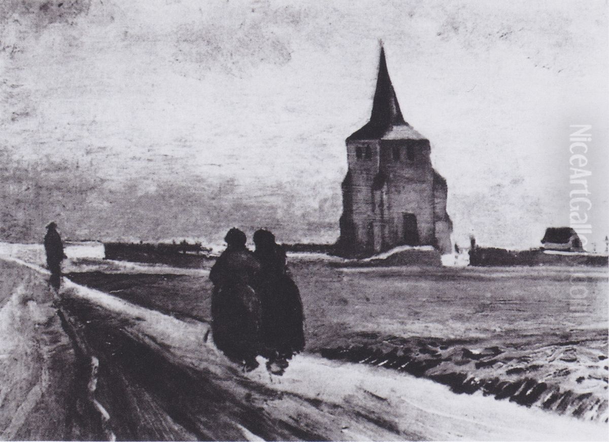 The old cemetery-tower in Nuenen with three figures Oil Painting by Vincent Van Gogh