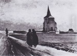 The old cemetery-tower in Nuenen with three figures