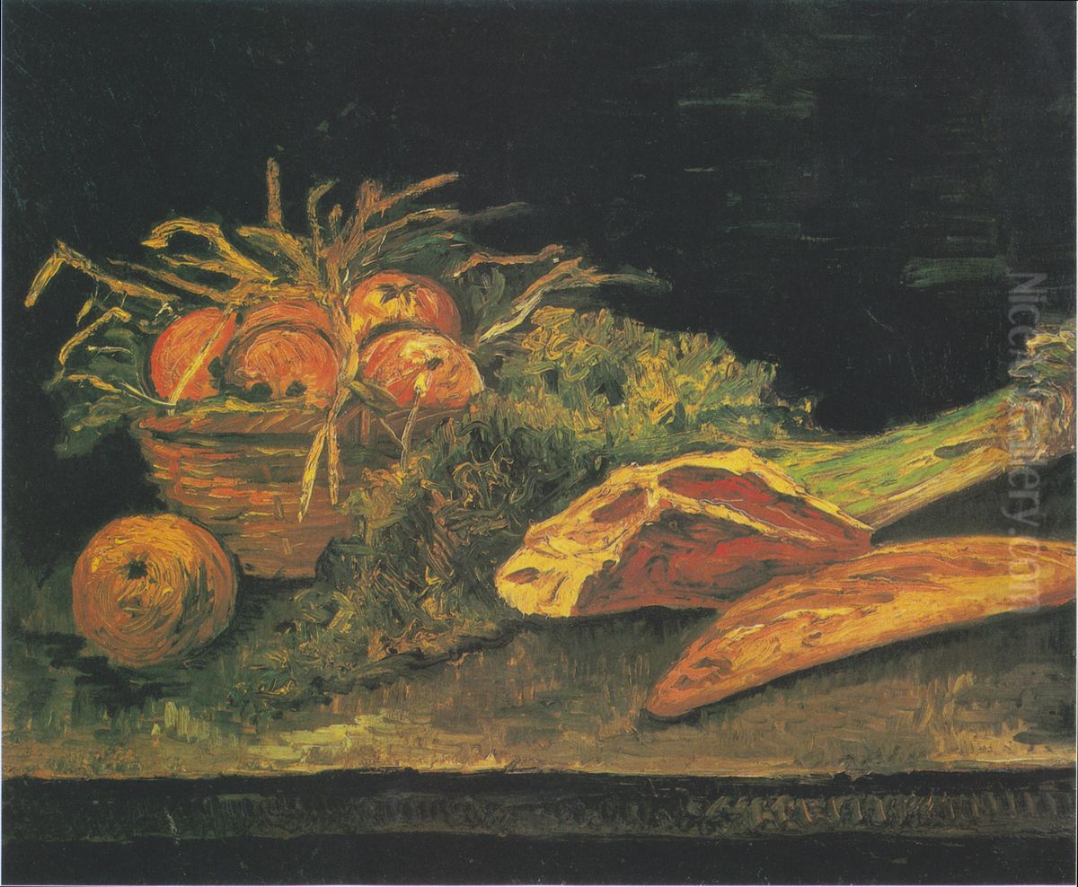 Still life with apple basket, meat and bread rolls Oil Painting by Vincent Van Gogh