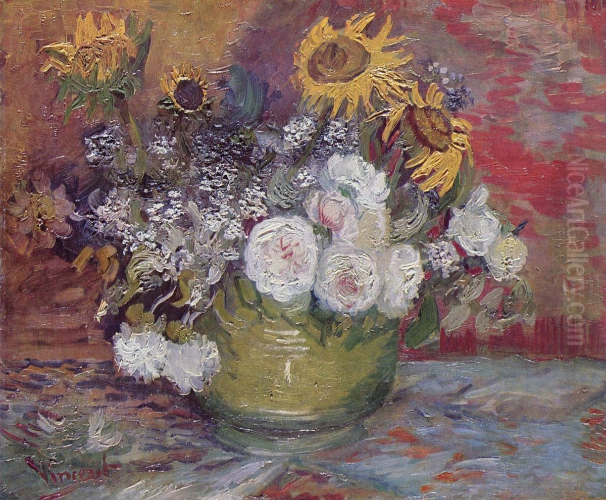 Stilleben mit Rosen und Sonnenblumen Oil Painting by Vincent Van Gogh