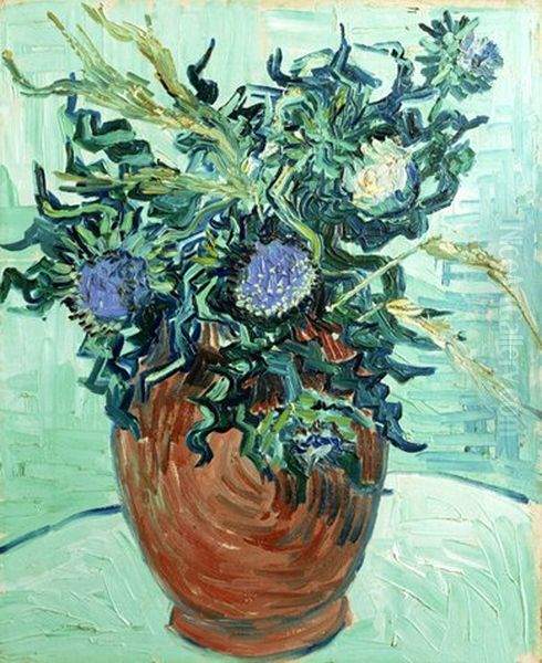Vase with flowers and thistles Oil Painting by Vincent Van Gogh