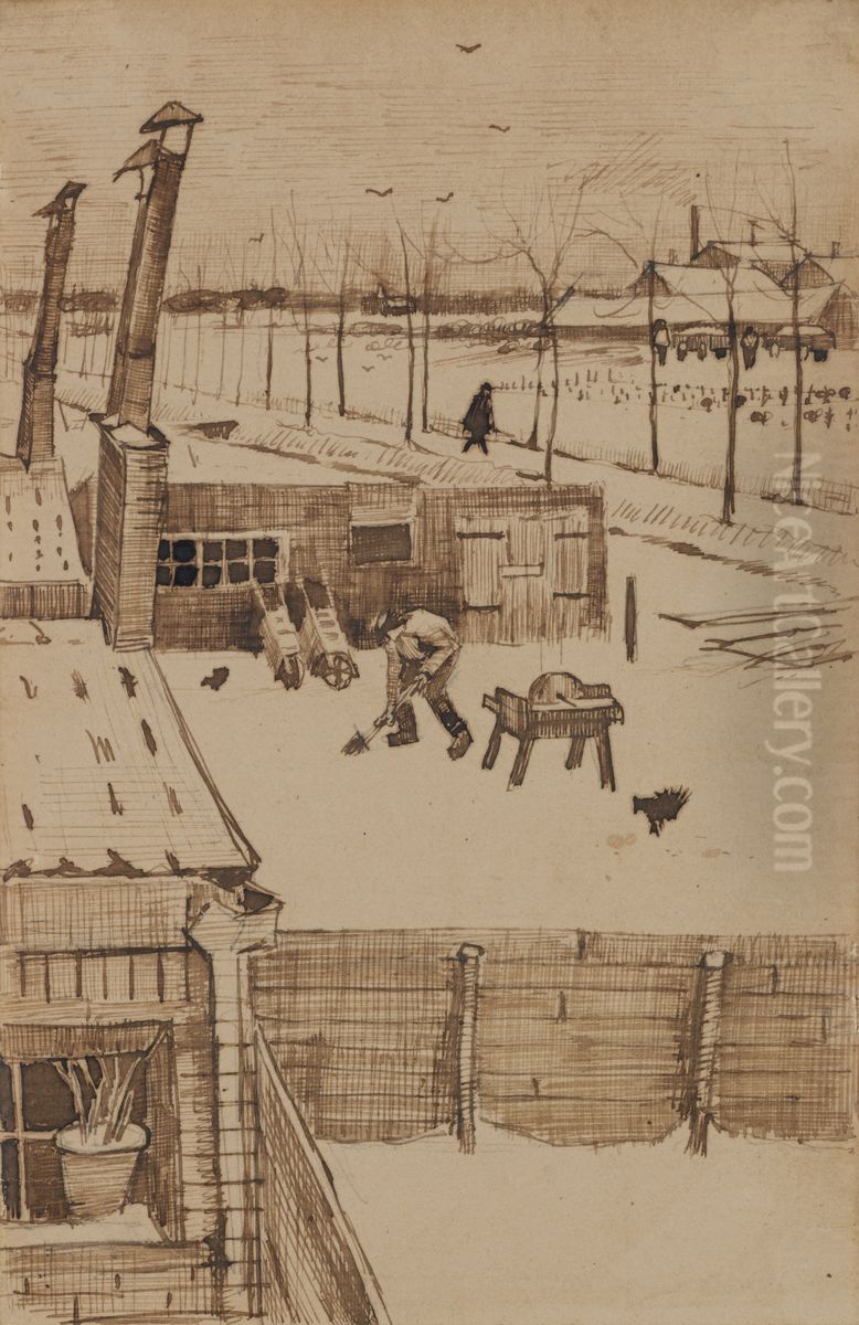 View from the window of Vincent's studio in winter / Snowy Yard Oil Painting by Vincent Van Gogh